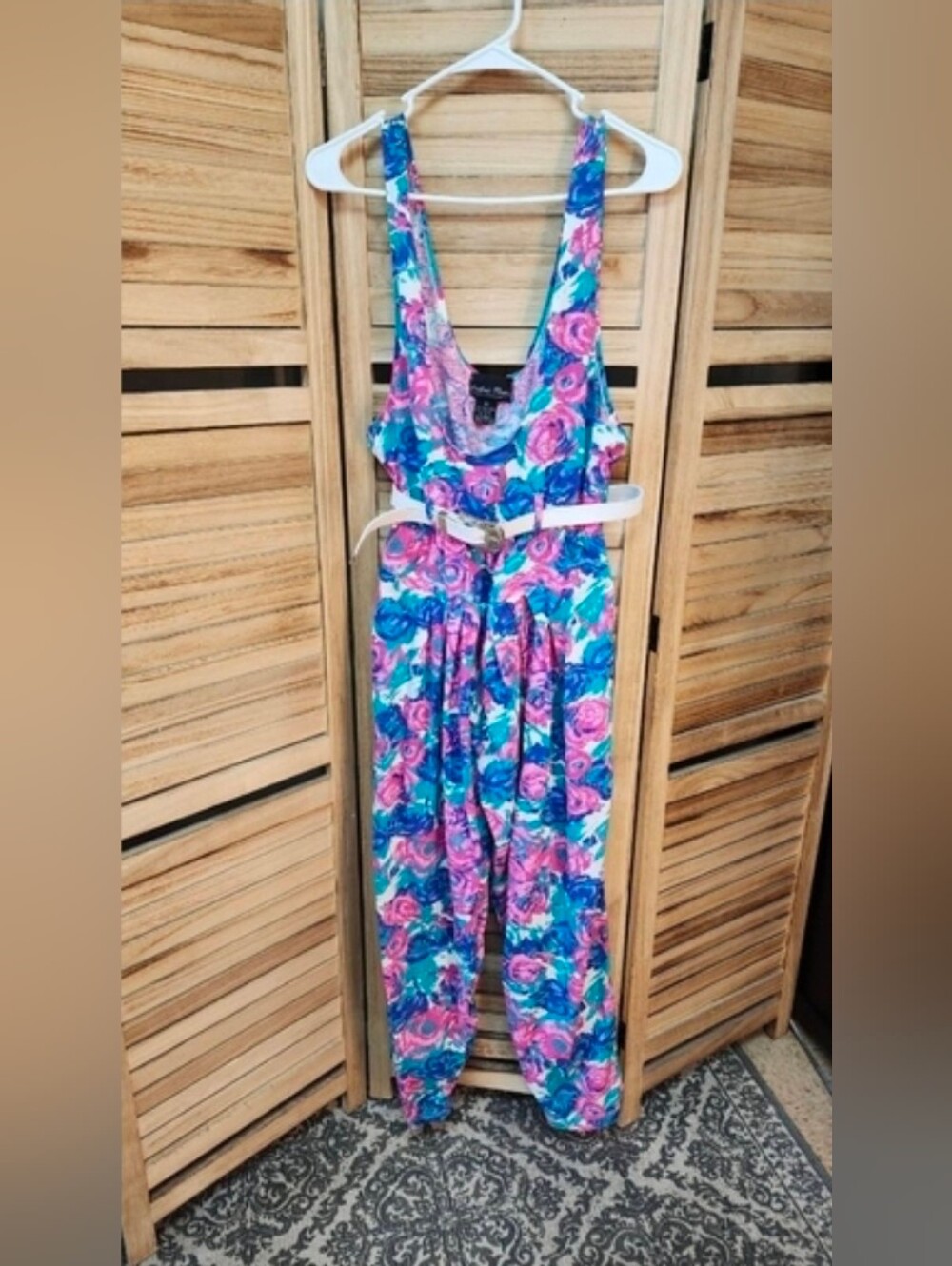 Erika’s Place Floral Harem Jumpsuit Pink Blue Belted Boho Romper Size Medium